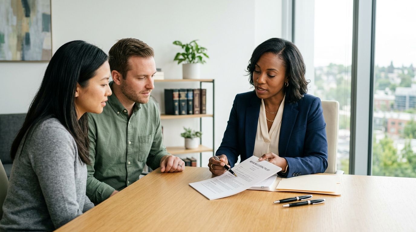 A professional lawyer explains legal documents about trusts to a couple during a meeting in her office.