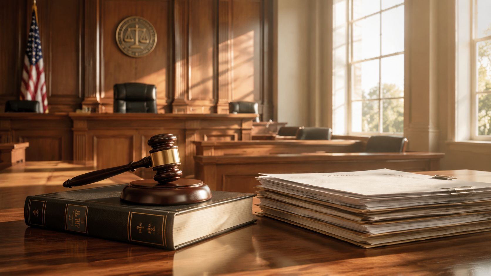 A wooden gavel rests on a law book next to legal documents inside a courtroom.