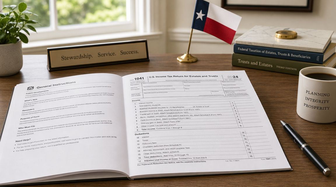 A Form 1041 tax document for estates and trusts resting on a desk with books and pen.