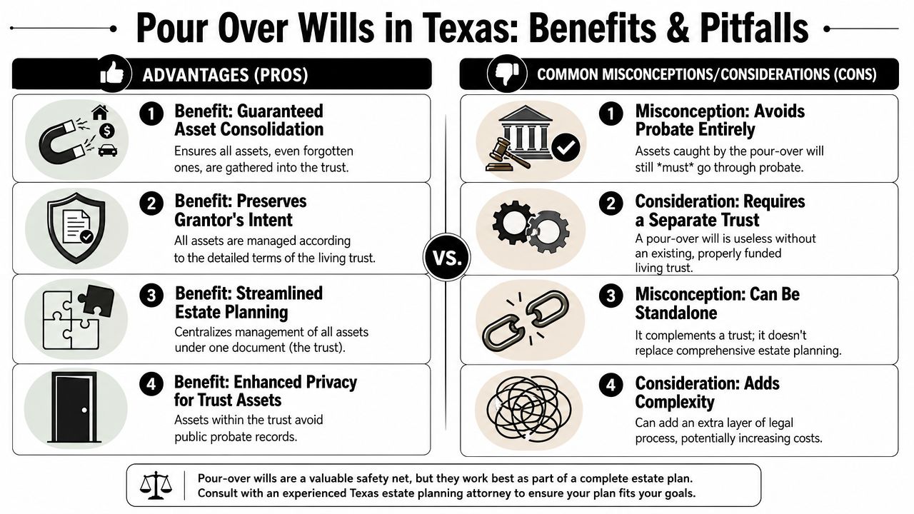 An infographic detailing the benefits and common misconceptions of pour over wills in Texas estate planning.