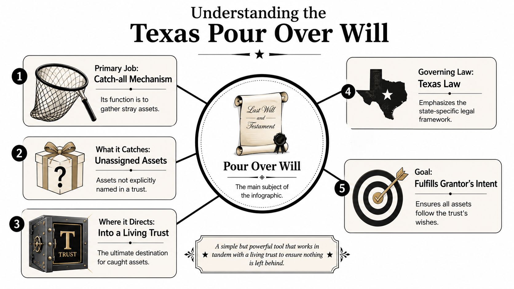 An infographic explaining a Texas pour over will as a mechanism to transfer assets into a trust.