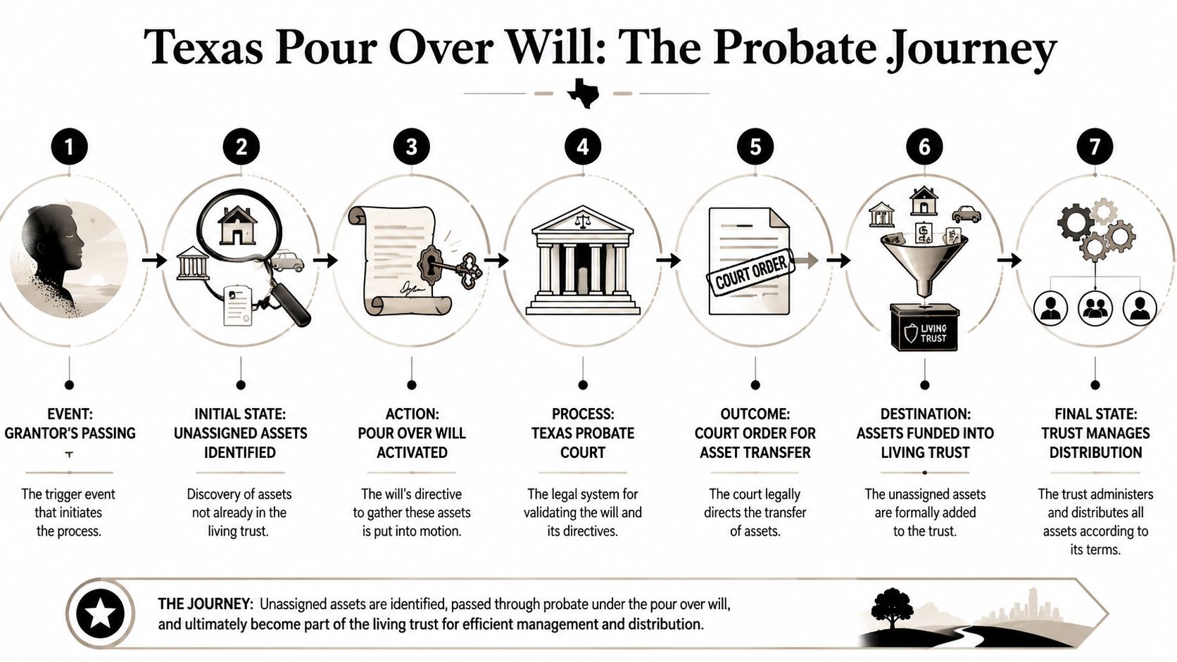 A diagram illustrating the seven-step Texas pour over will probate process from grantor passing to trust distribution.