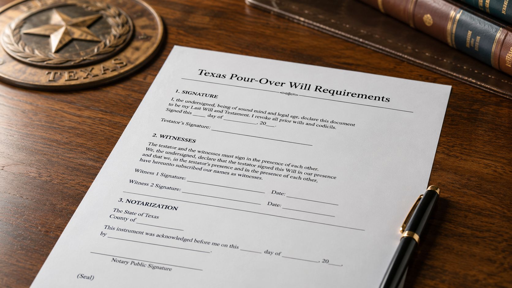 A document titled Texas Pour-Over Will Requirements rests on a dark wooden desk beside a fountain pen.