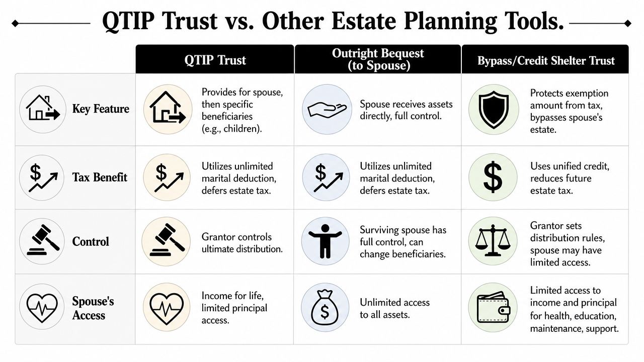 A comparison table outlining key features, tax benefits, control, and spouse's access for three estate planning tools.