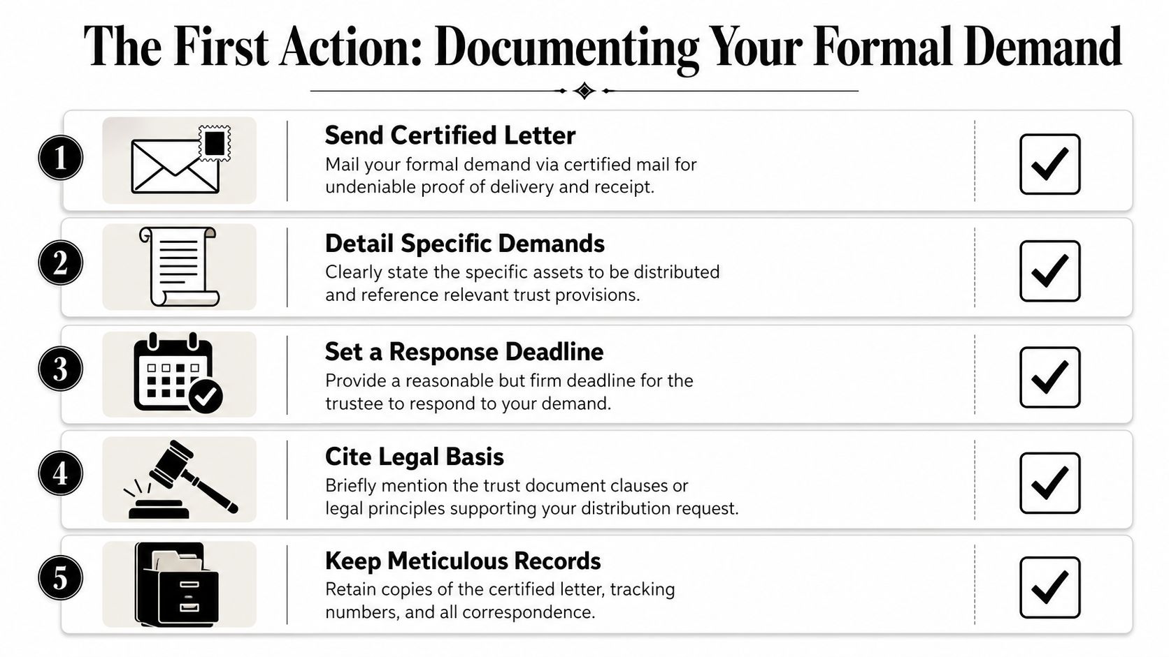 A checklist infographic outlining five steps for documenting a formal legal demand to a trust trustee.