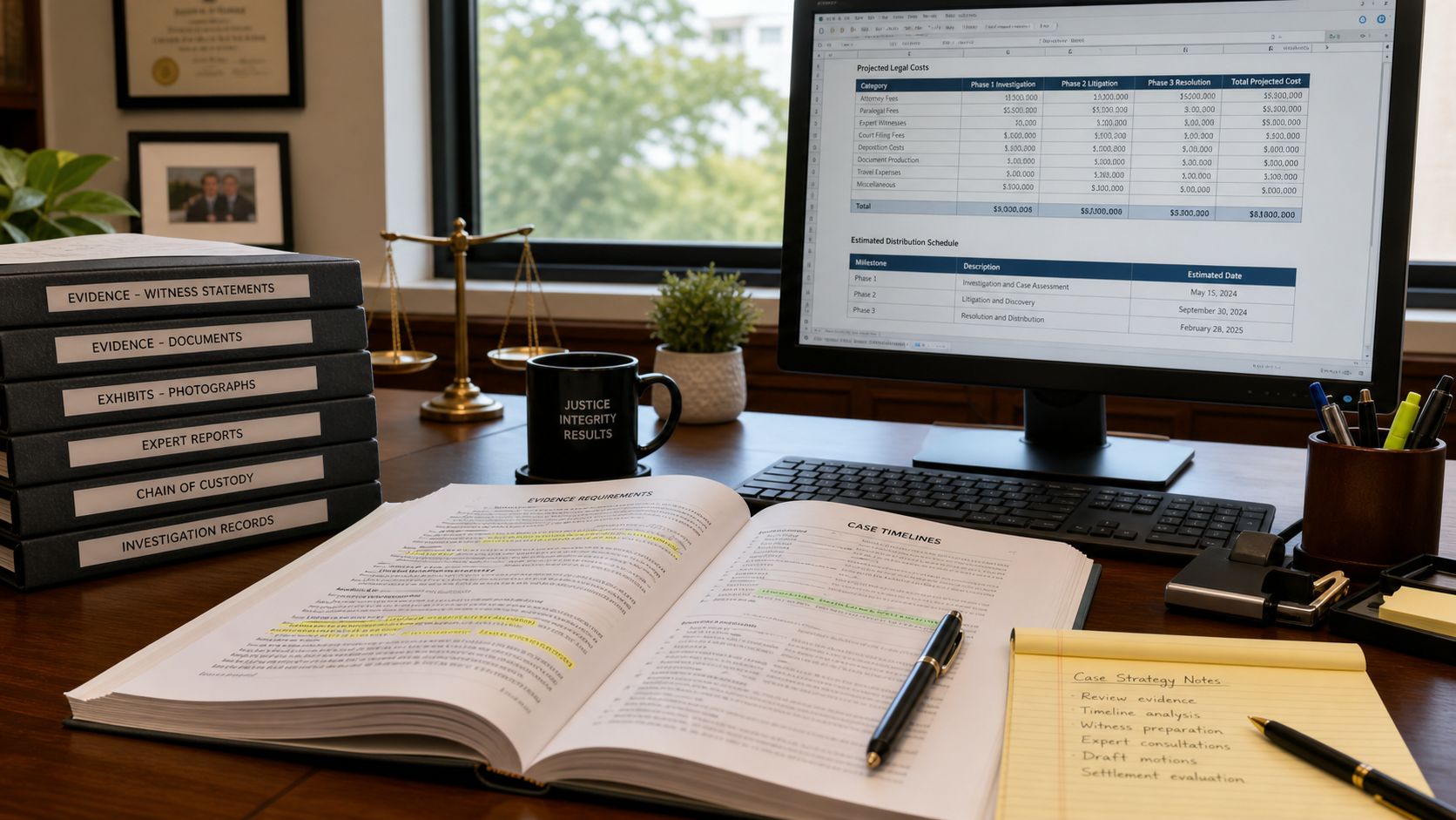 A professional legal desk with evidence binders, financial cost spreadsheets, and case strategy notes for trustees.