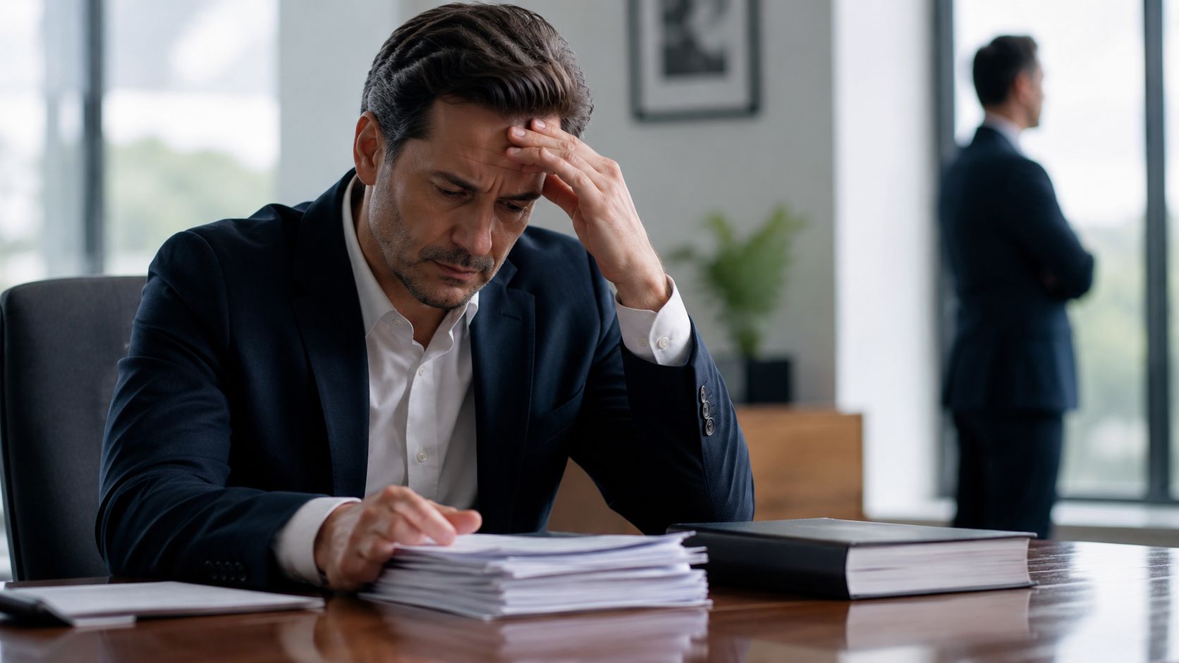 A stressed businessman sits at his office desk reviewing legal documents while a colleague stands behind.