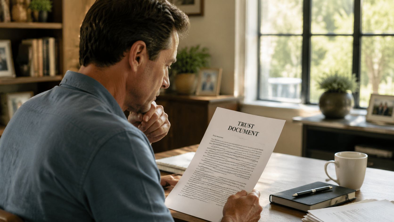 A man in a blue shirt sits at a wooden desk reading a legal trust document carefully.