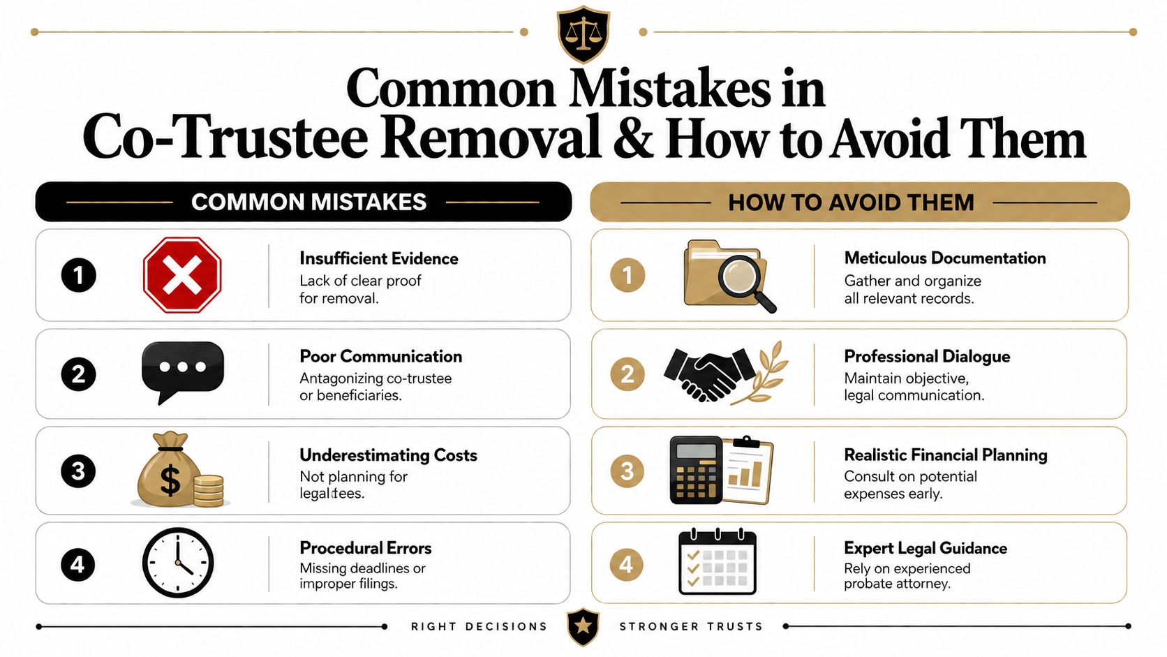 A visual guide outlining common mistakes in co-trustee removal and practical steps to effectively avoid them.