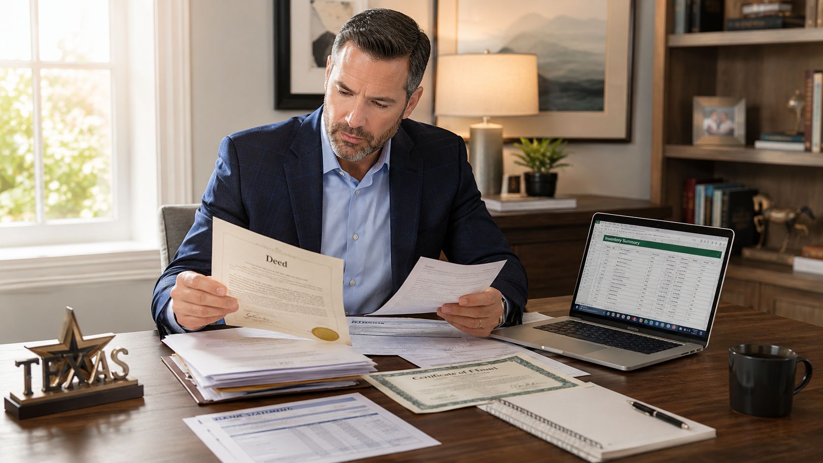 A professional man sitting at a desk reviewing legal property deeds and documents in an office.
