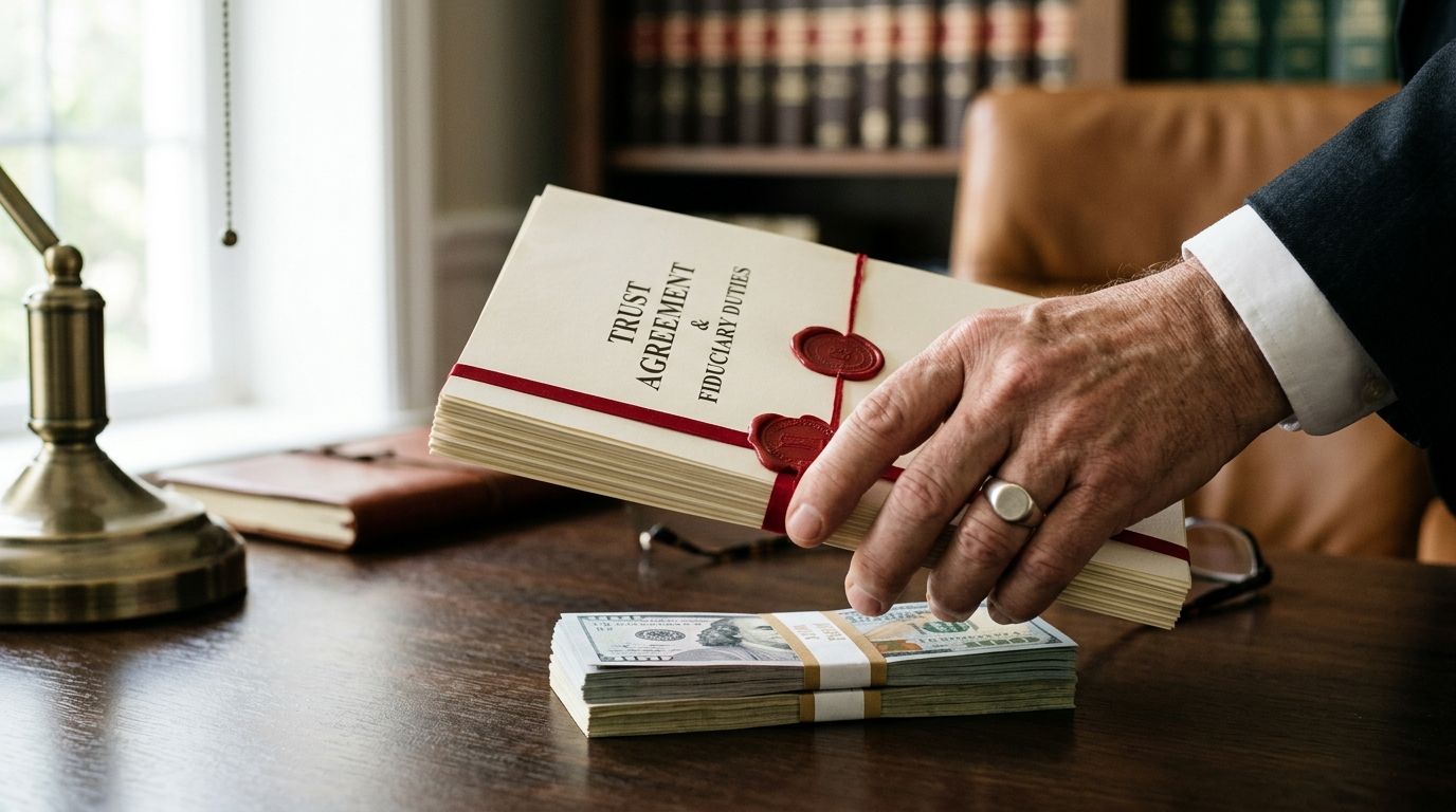 A professional holding a trust agreement document over a stack of US currency on a wooden desk.