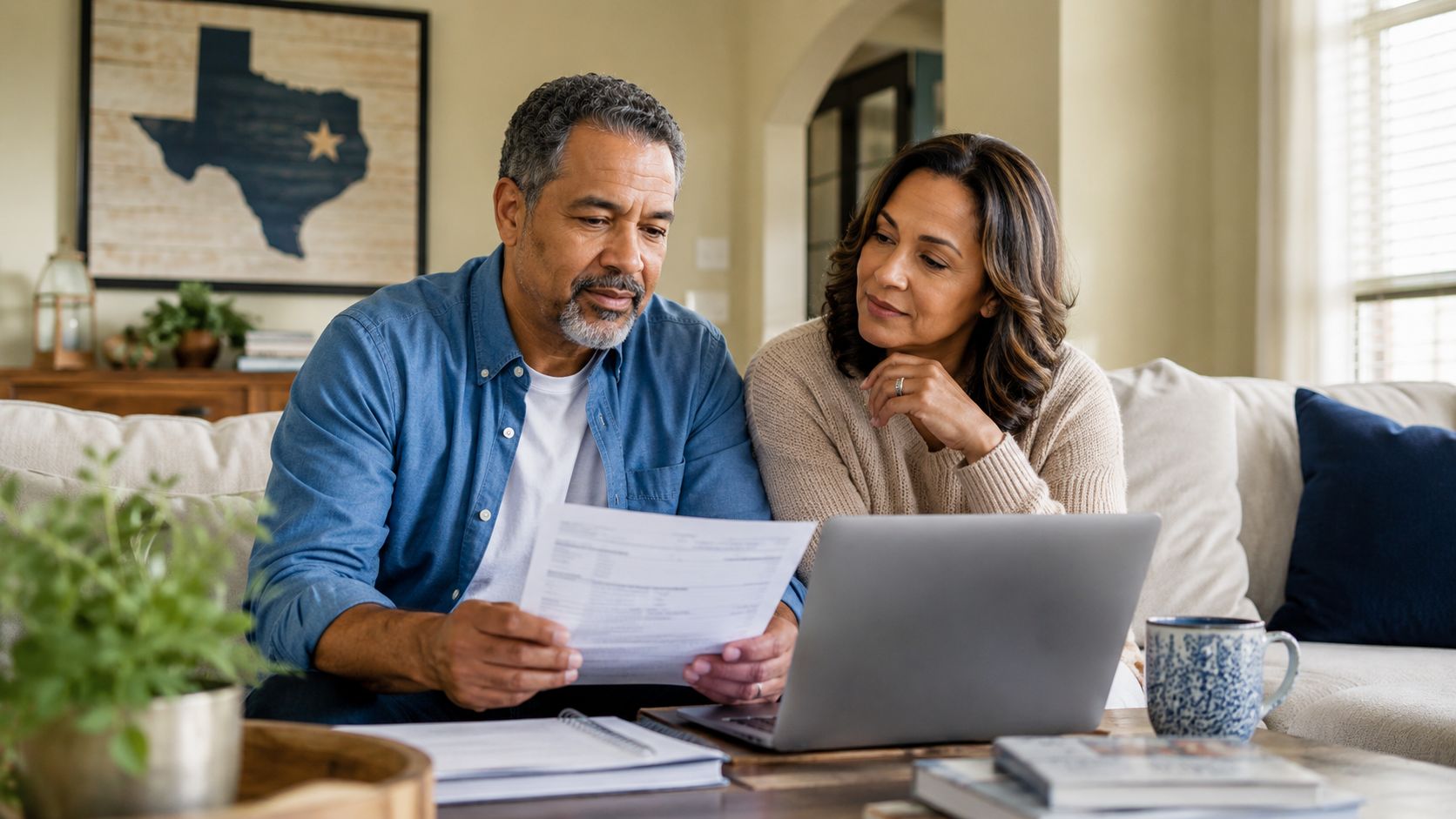 A middle-aged couple reviewing financial documents together on a laptop while sitting on a couch.