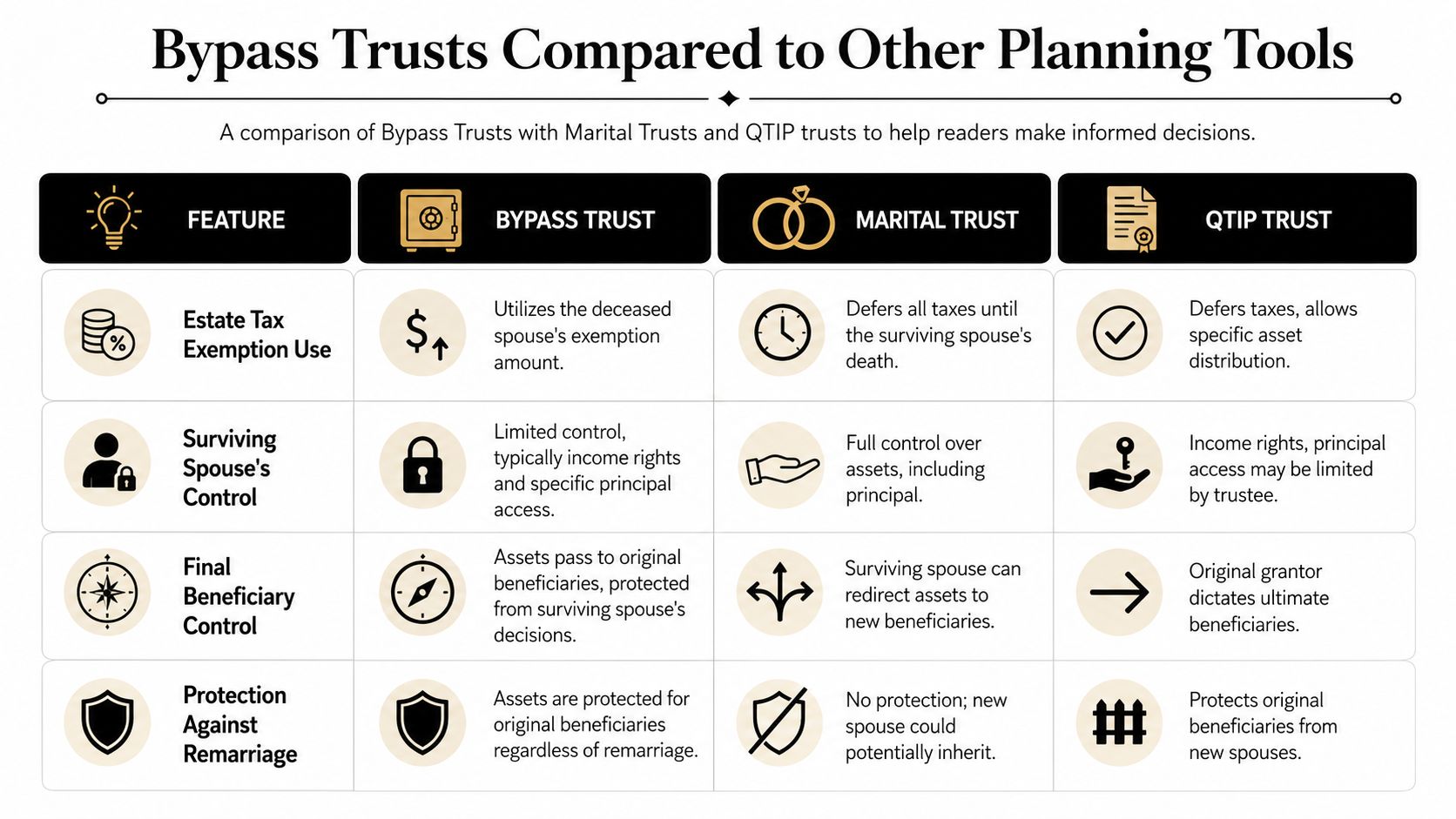 A comparison chart outlining the key differences between bypass trusts, marital trusts, and QTIP trusts for estate planning.