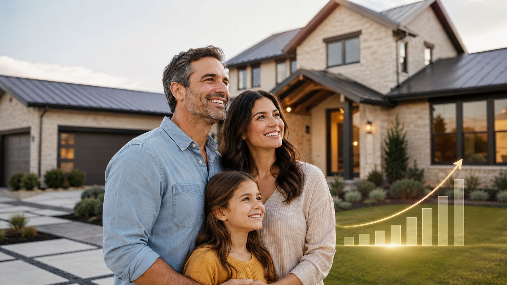 A happy family standing in front of their new modern home with a rising growth chart graphic.
