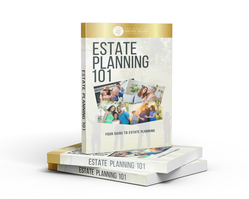 Estate Planning 101 handbook featuring family photos, emphasizing guidance on estate planning, from the Law Office of Bryan Fagan.