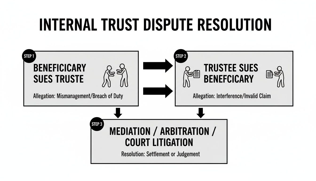 Diagram showing internal trust dispute resolution steps: beneficiary sues, trustee sues, then mediation or litigation.