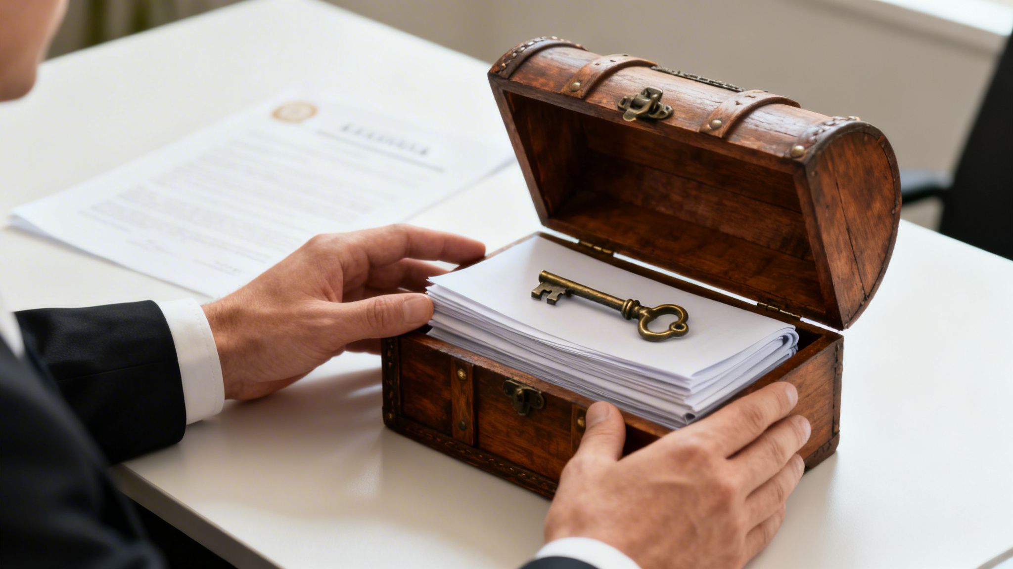 A person in a suit holds an open wooden treasure chest with important papers and a key.