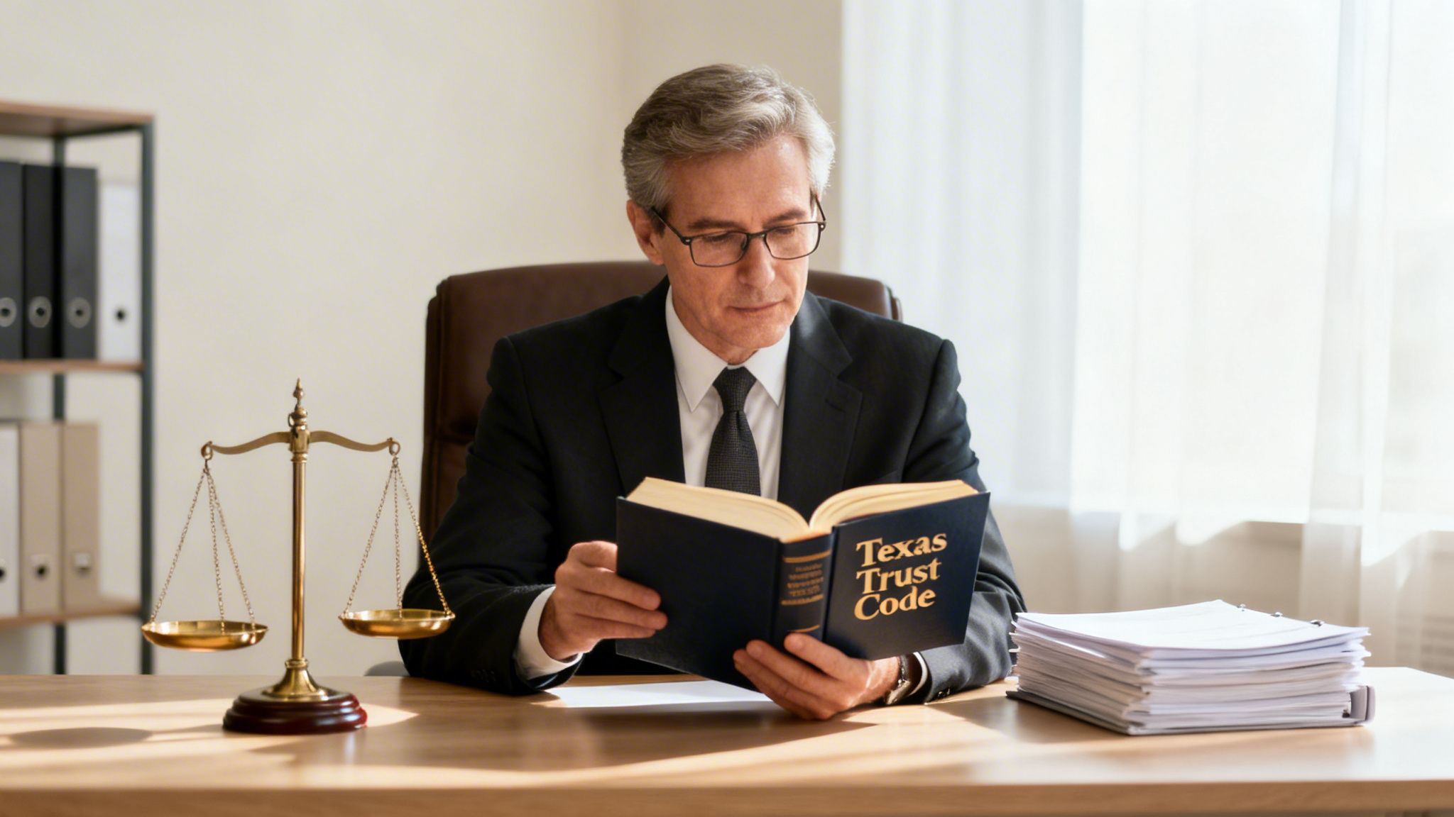 A lawyer in a suit and glasses reads a 'Texas Trust Code' book at a desk with scales of justice.