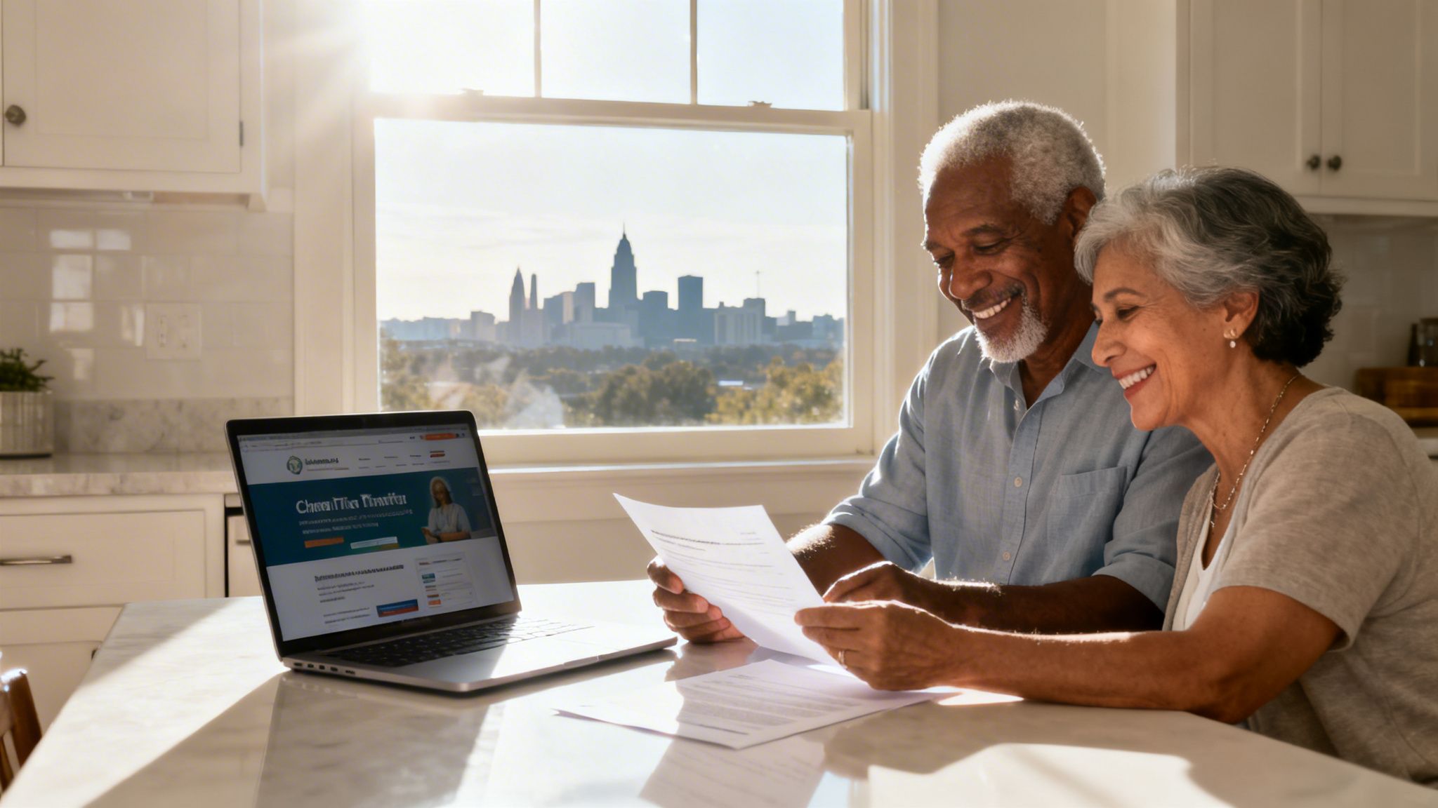Smiling senior couple reviewing financial documents and laptop with city view.