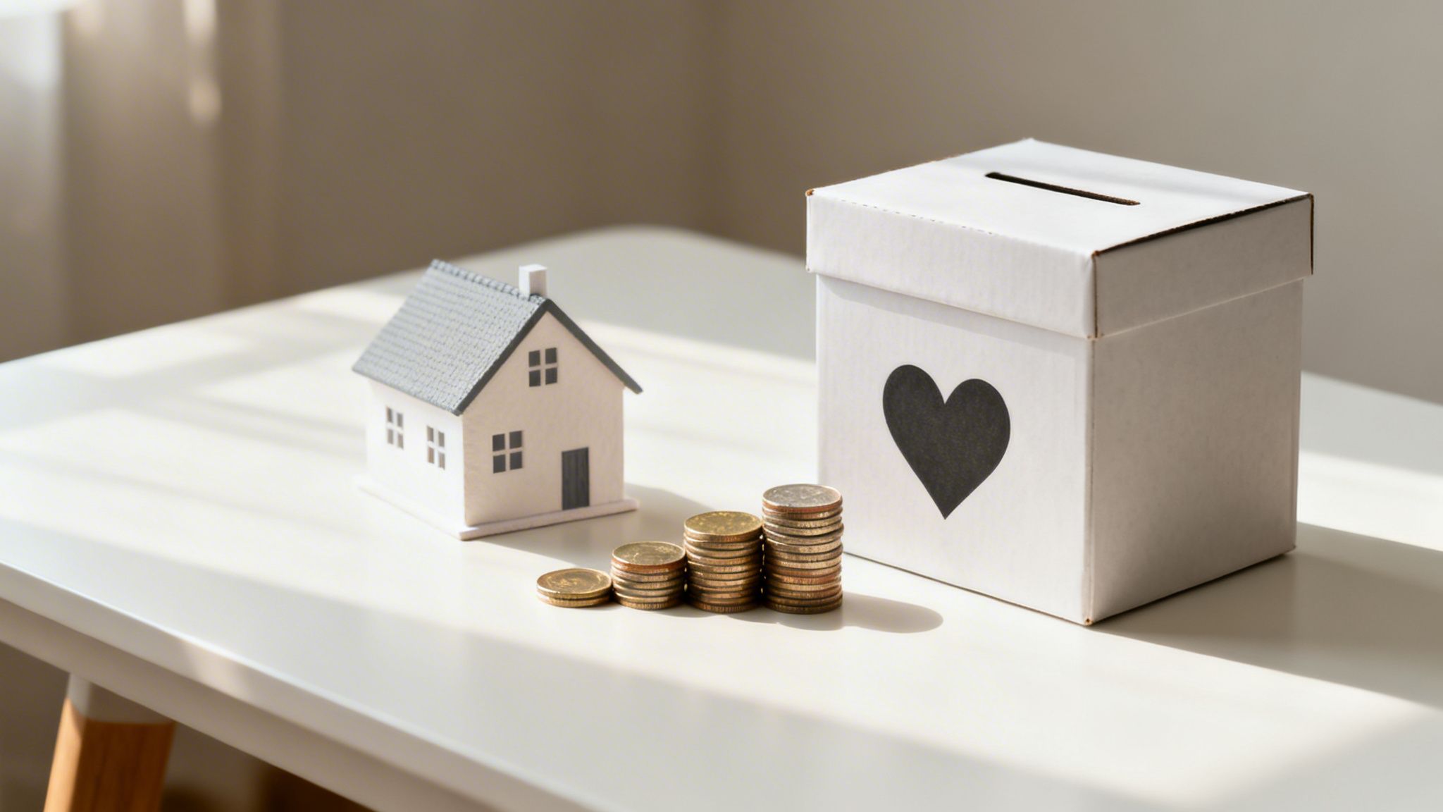 A miniature house model, stacks of coins, and a charity donation box on a table.
