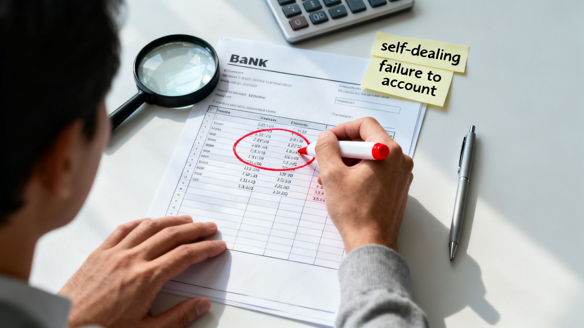 Person reviews bank statement, circling entries with red marker, investigating self-dealing and failure to account.