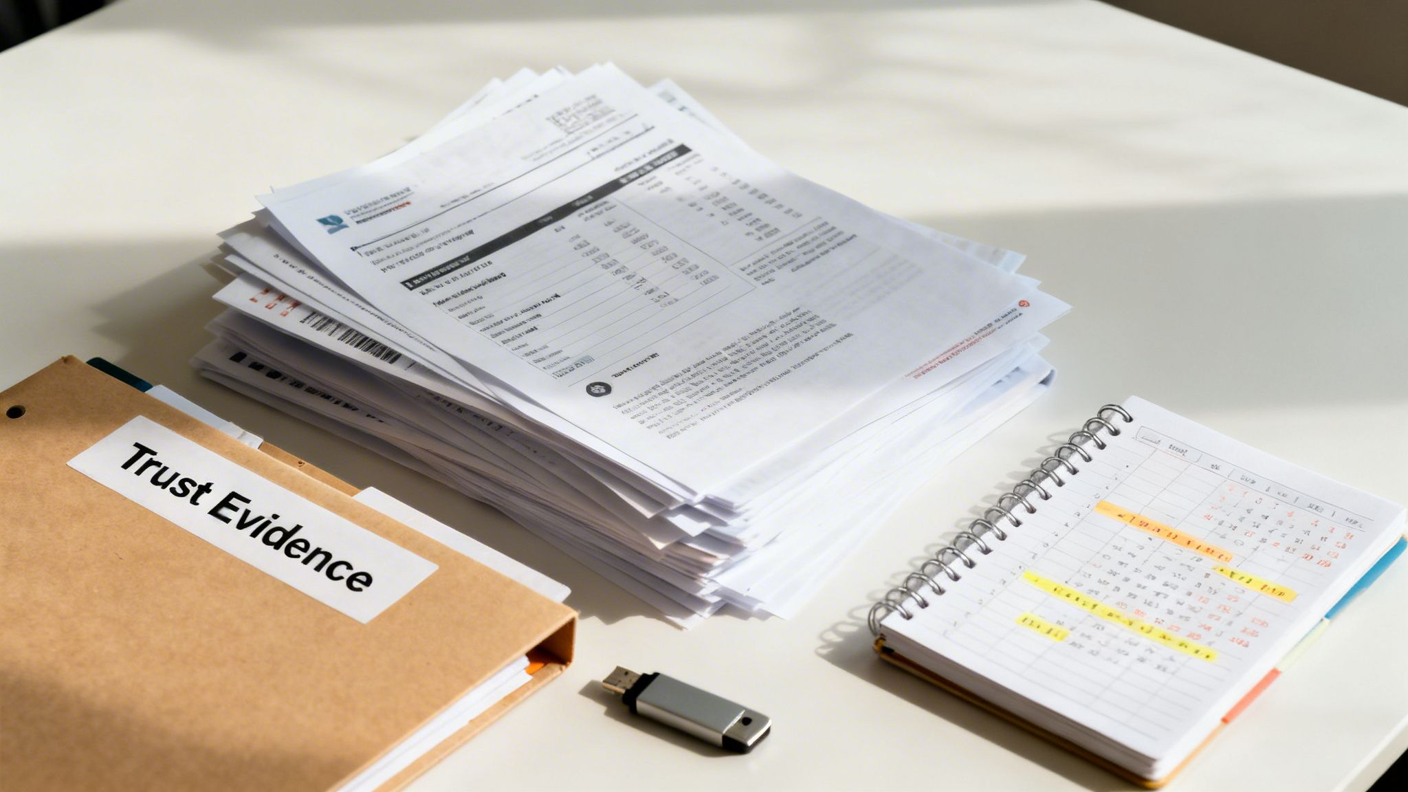 A desk with a stack of financial documents, a 'Trust Evidence' folder, a USB drive, and a highlighted planner.