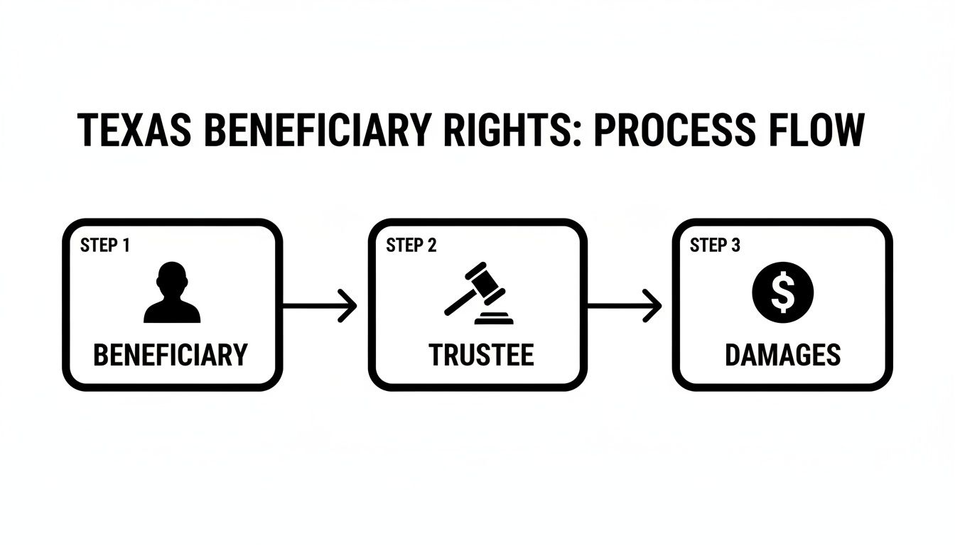 A process flow diagram outlines Texas beneficiary rights, from beneficiary to trustee and damages.