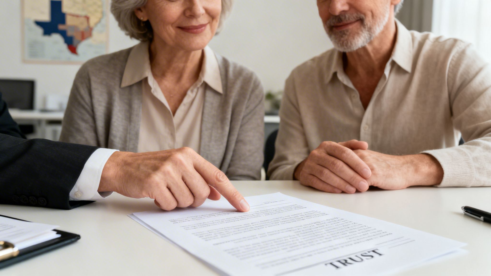 Close-up of a professional pointing at a trust document to a smiling senior couple.