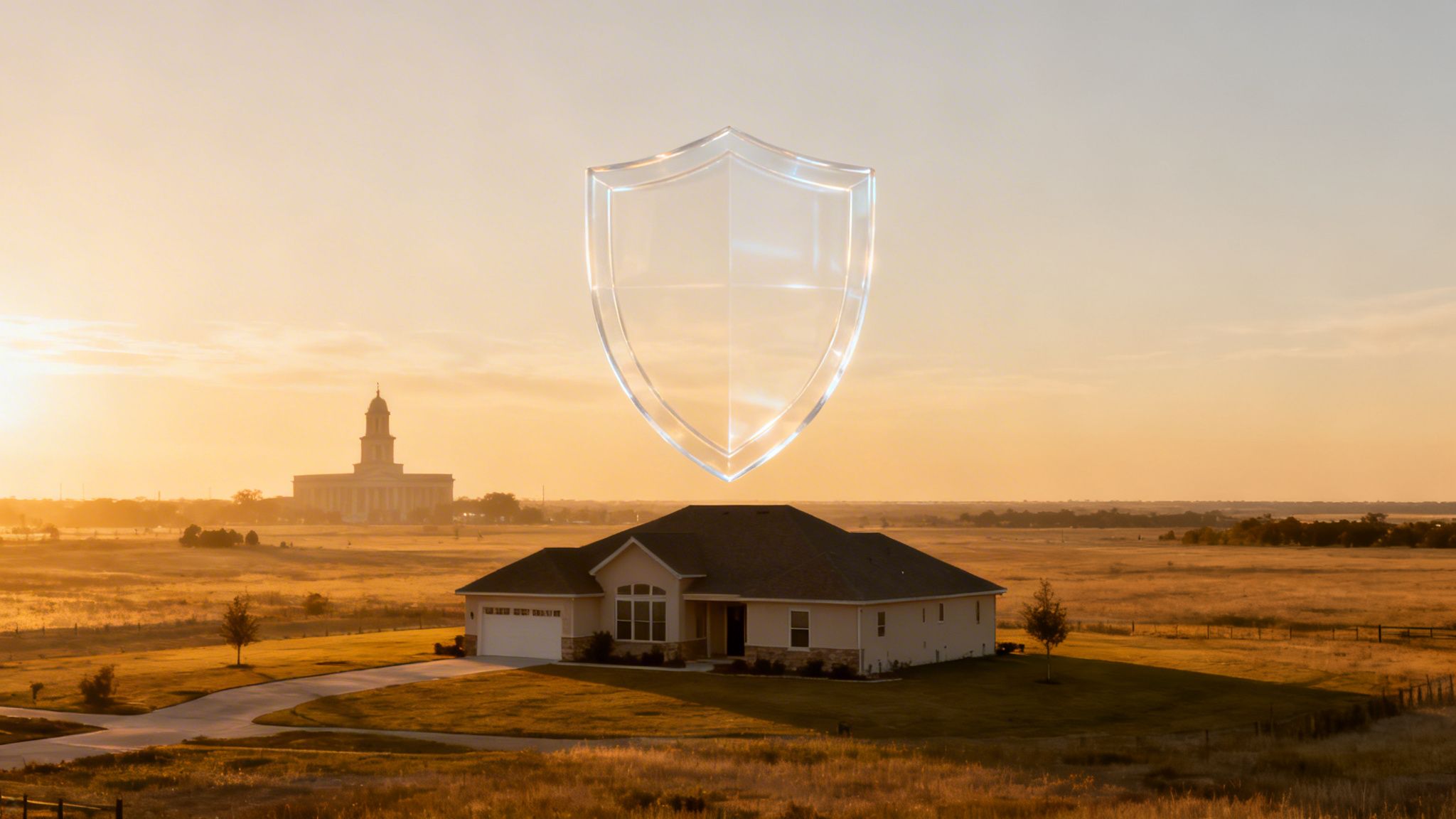 A glowing shield hovers above a house in a golden field with a large building in the distance at sunset.