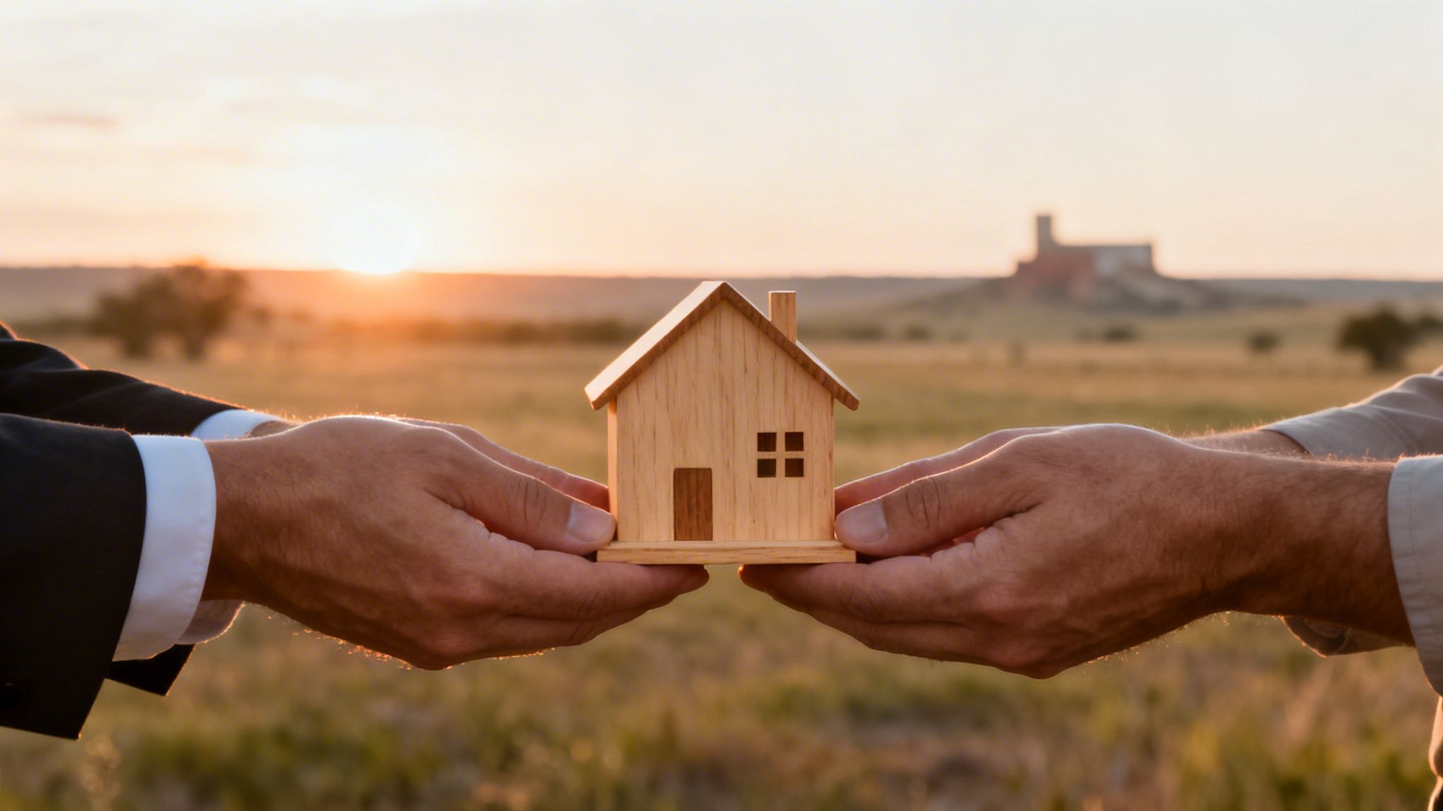 Two hands holding a miniature wooden house model against a golden sunset backdrop, symbolizing home ownership.