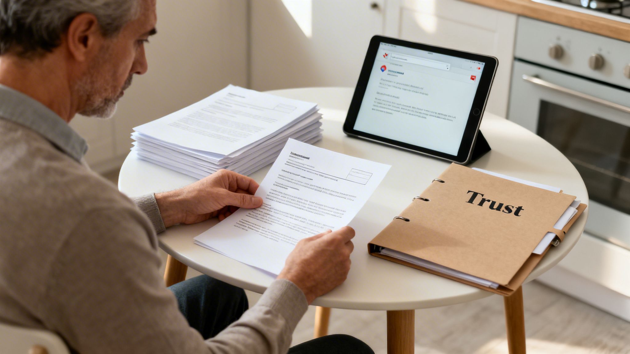 An older man reads legal documents at a table with a digital tablet and a 'Trust' binder.