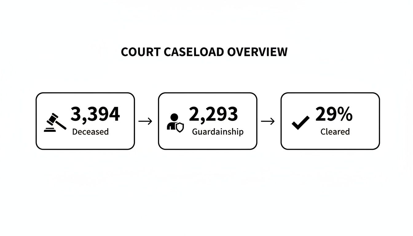 Court caseload overview displaying deceased cases, guardianship, and clearance percentage.