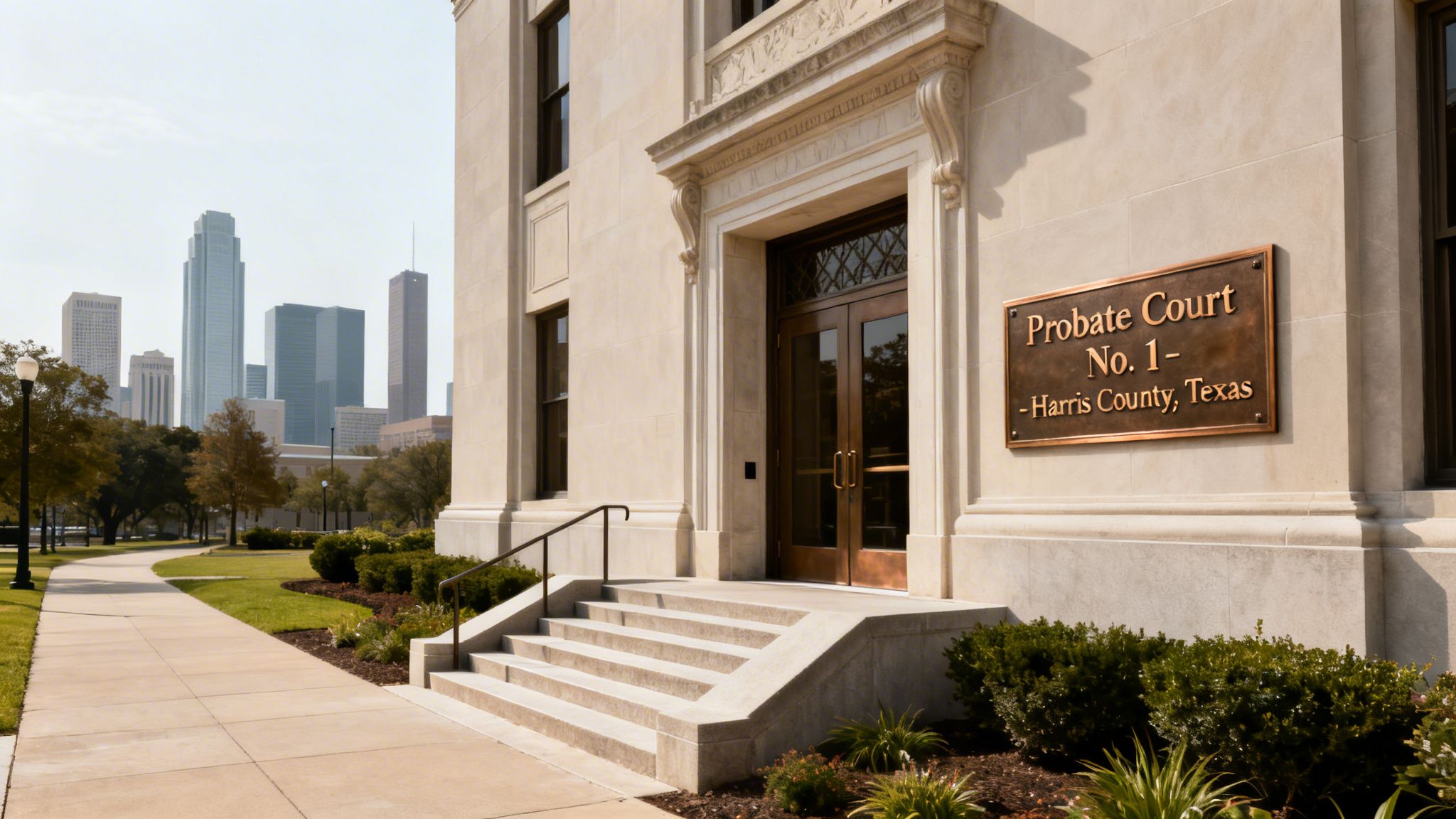 Exterior view of Probate Court No. 1 in Harris County, Texas, with a city skyline in the background.