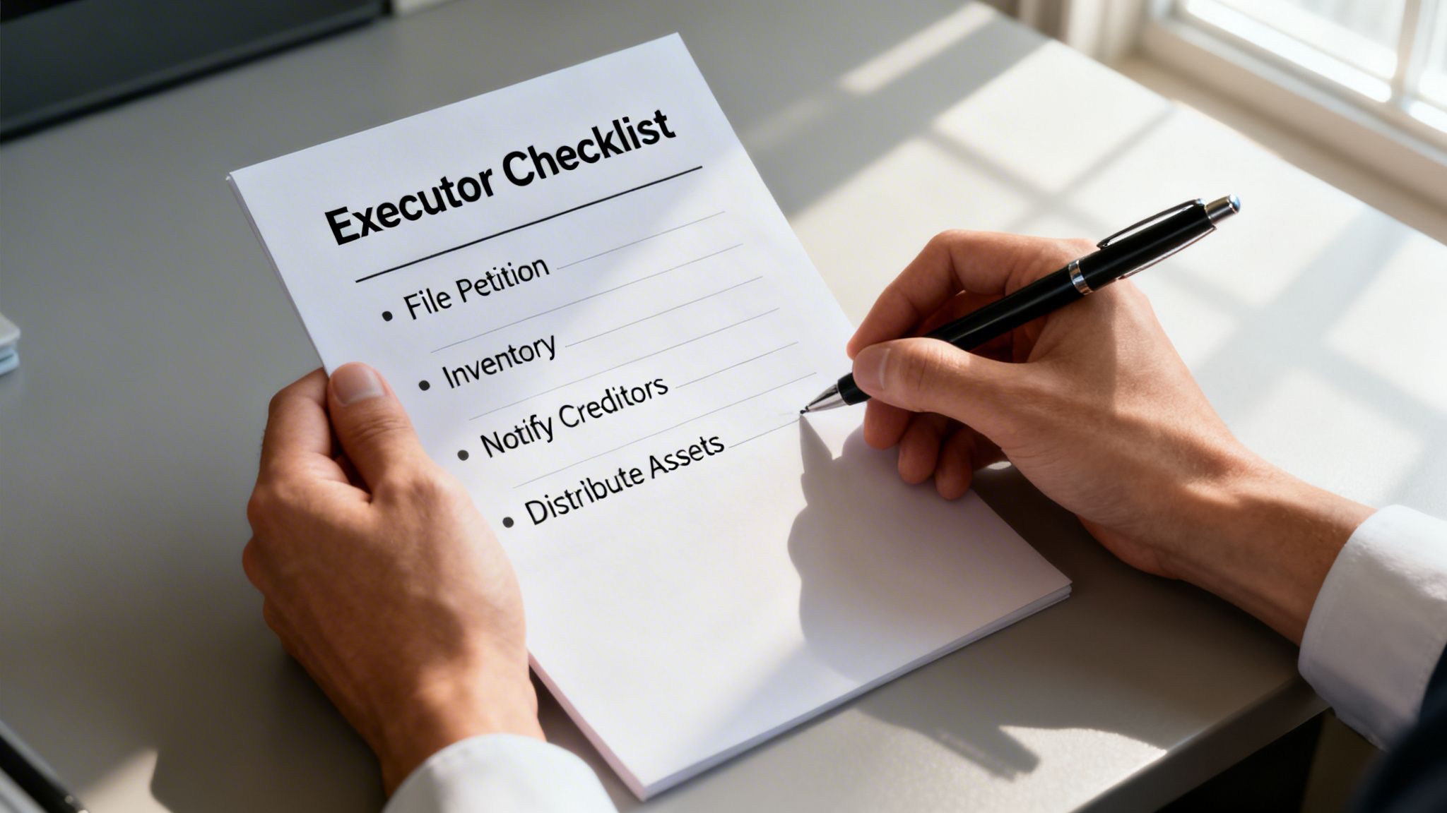 Hands holding an 'Executor Checklist' document, showing steps like File Petition and Distribute Assets, with a pen.