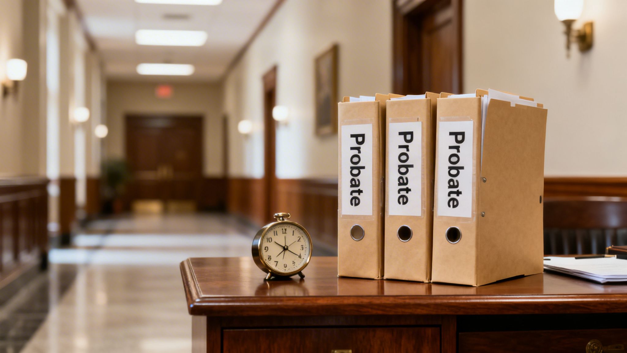 Three 'Probate' binders and an alarm clock sit on a wooden desk in a court hallway.