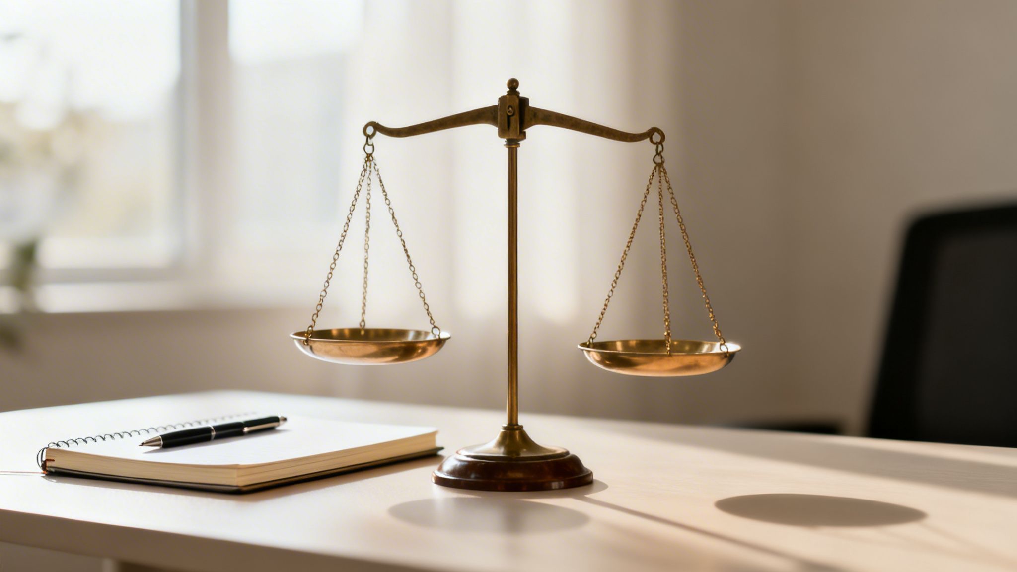 A brass scale of justice sits on a desk next to an open notebook and pen.