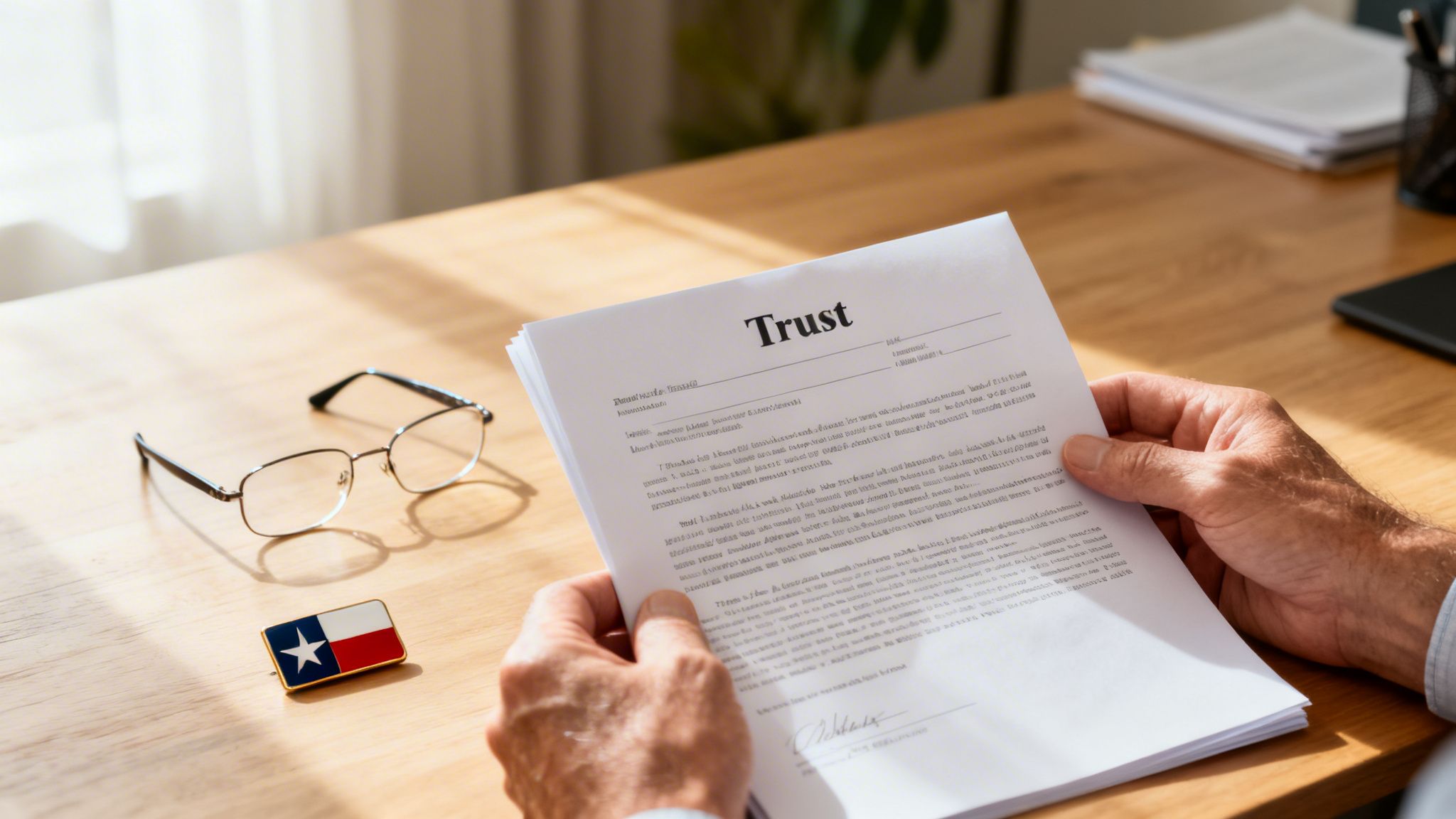 A person reviewing a "Trust" document, with reading glasses and a Texas flag pin nearby.
