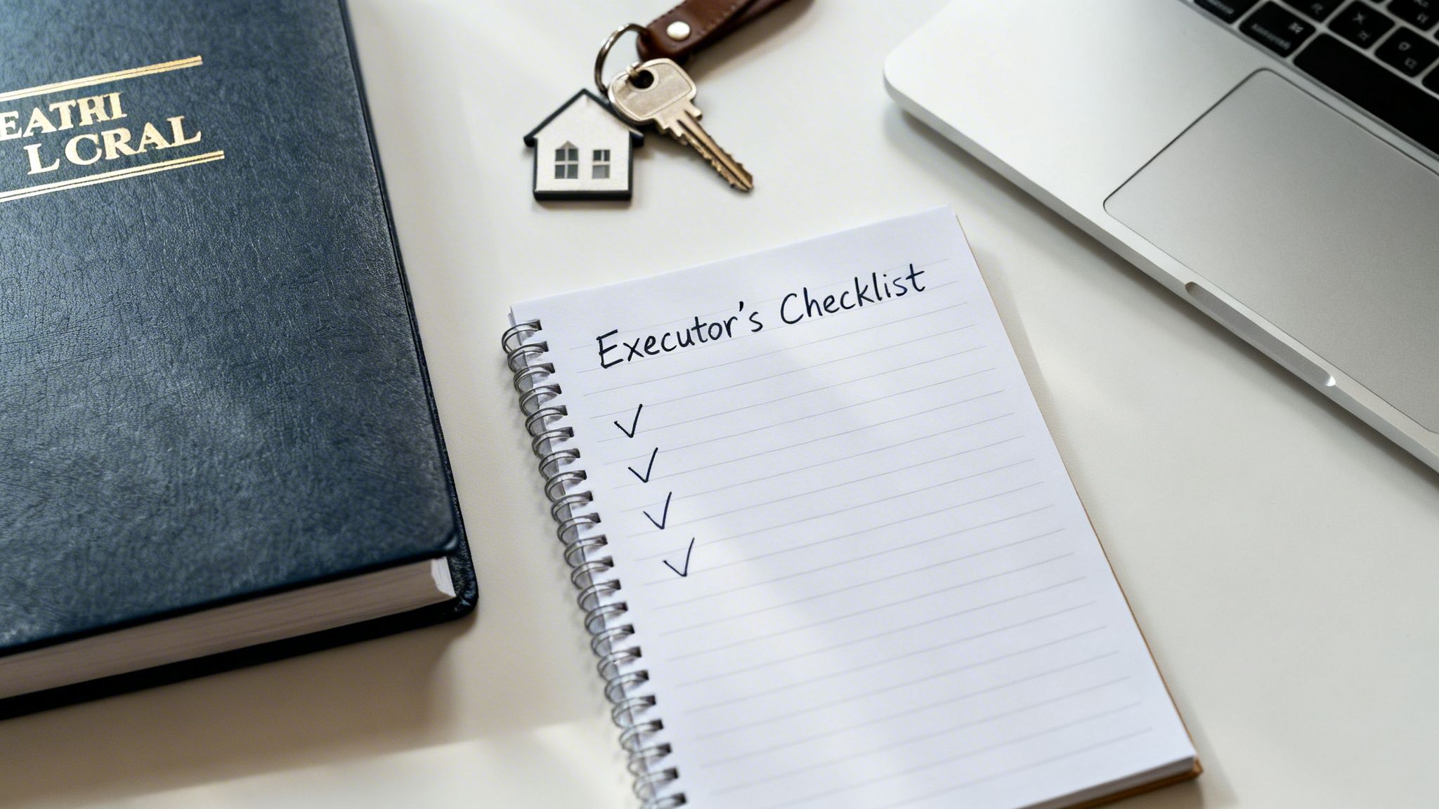 Executor's checklist notebook, legal book, house keys, and laptop on a white desk.