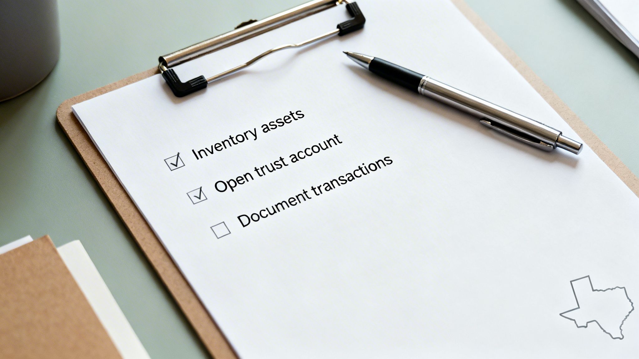A clipboard with a checklist on white paper, showing 'Inventory assets' and 'Open trust account' checked, alongside a pen and a Texas outline.