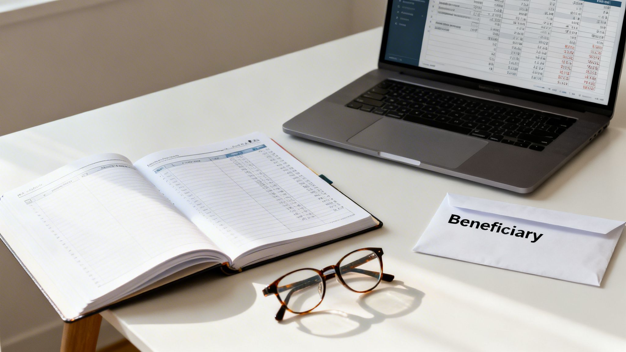 A clean white desk features a laptop, an open financial notebook, eyeglasses, and a 'Beneficiary' envelope, indicating estate planning.