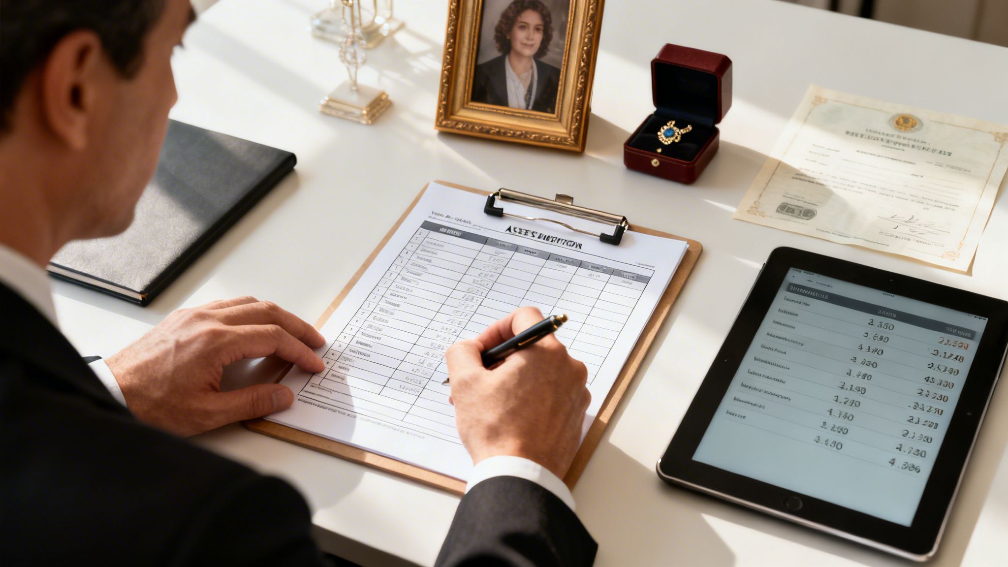 A man in a suit meticulously completes paperwork on a white desk with a tablet and framed photo.