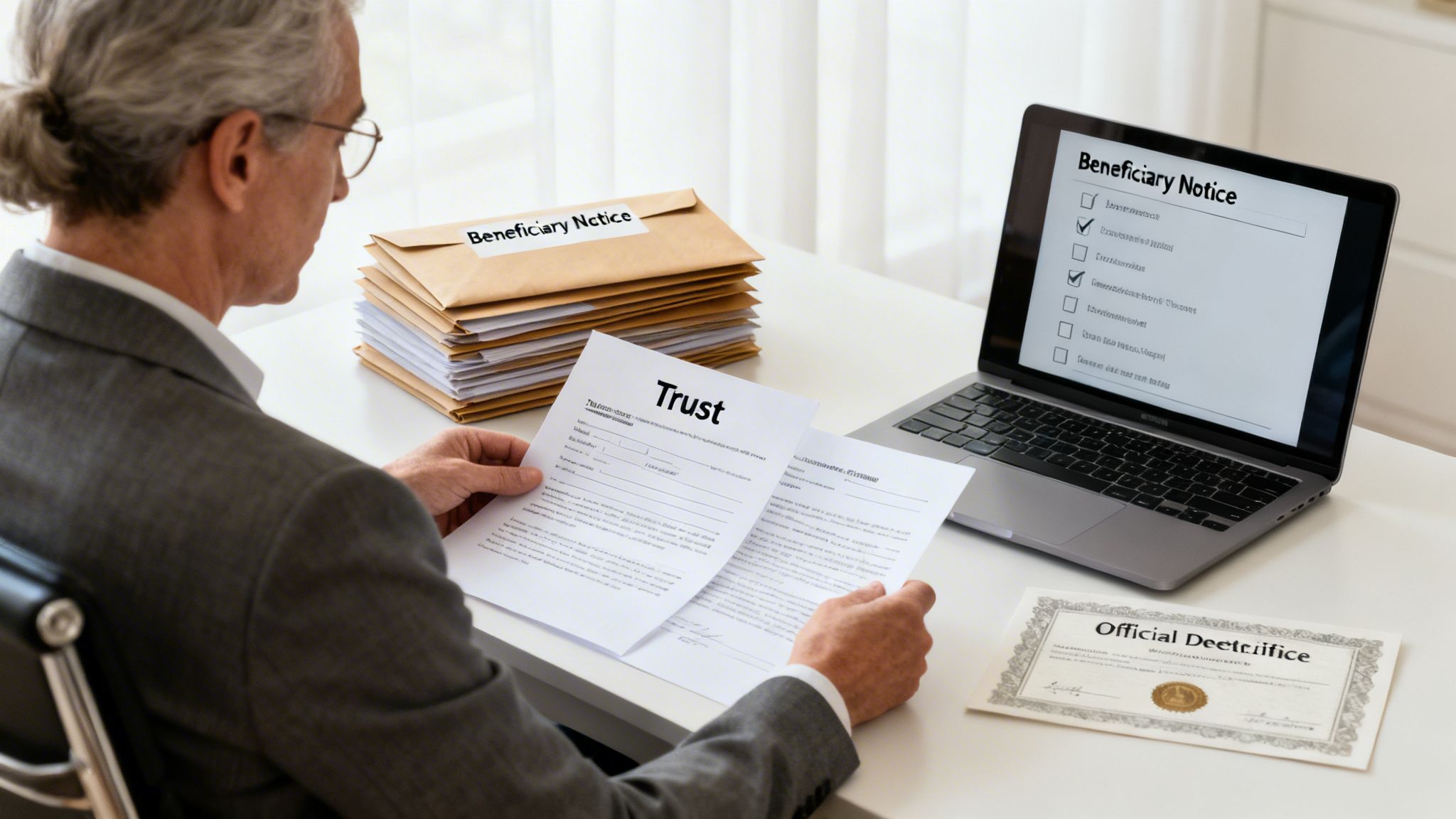 An elderly man reads a 'Trust' document at a desk with beneficiary notices and a laptop.