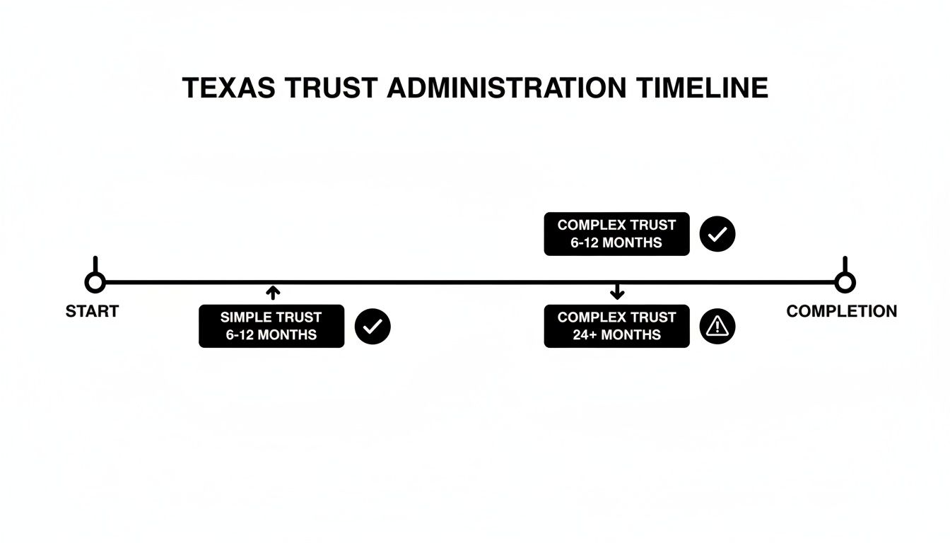 A timeline illustrating Texas trust administration, distinguishing between simple and complex trusts with durations.