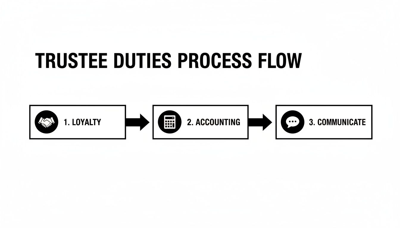 A visual process flow diagram illustrating the three key trustee duties: loyalty, accounting, and communication.