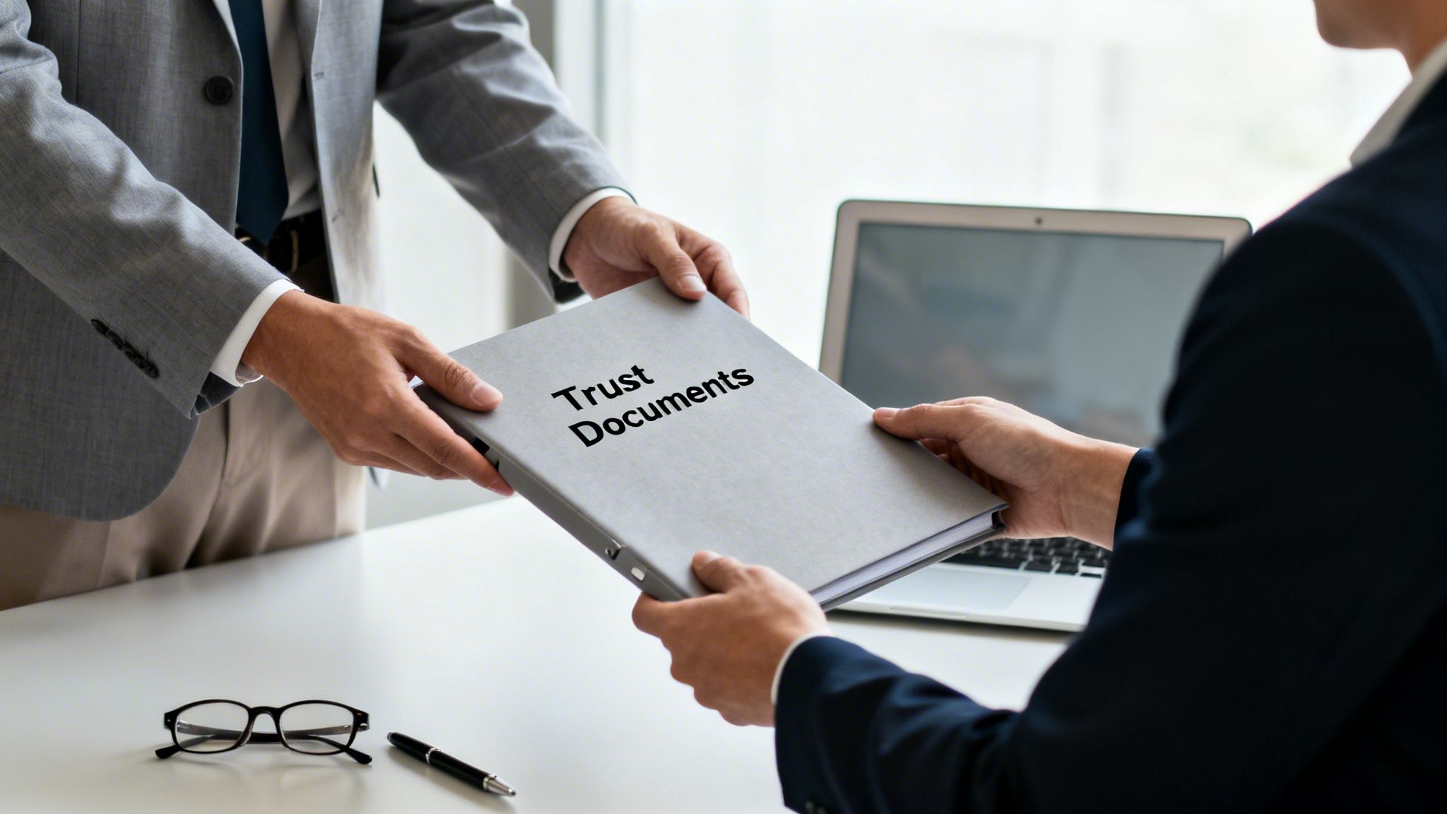 Professional men in business suits exchanging a binder labeled 'Trust Documents' over a white desk.