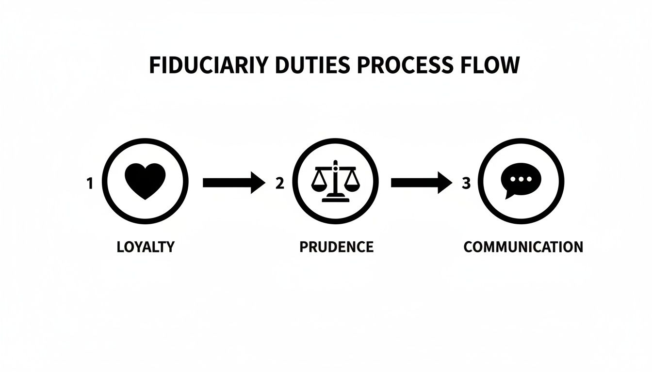 Process flow diagram illustrating fiduciary duties: loyalty, prudence, and communication, with corresponding icons.
