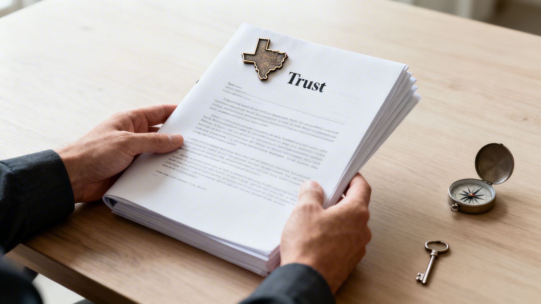 Person holds 'Trust' documents with a Texas paperclip, compass, and key on a wooden table.