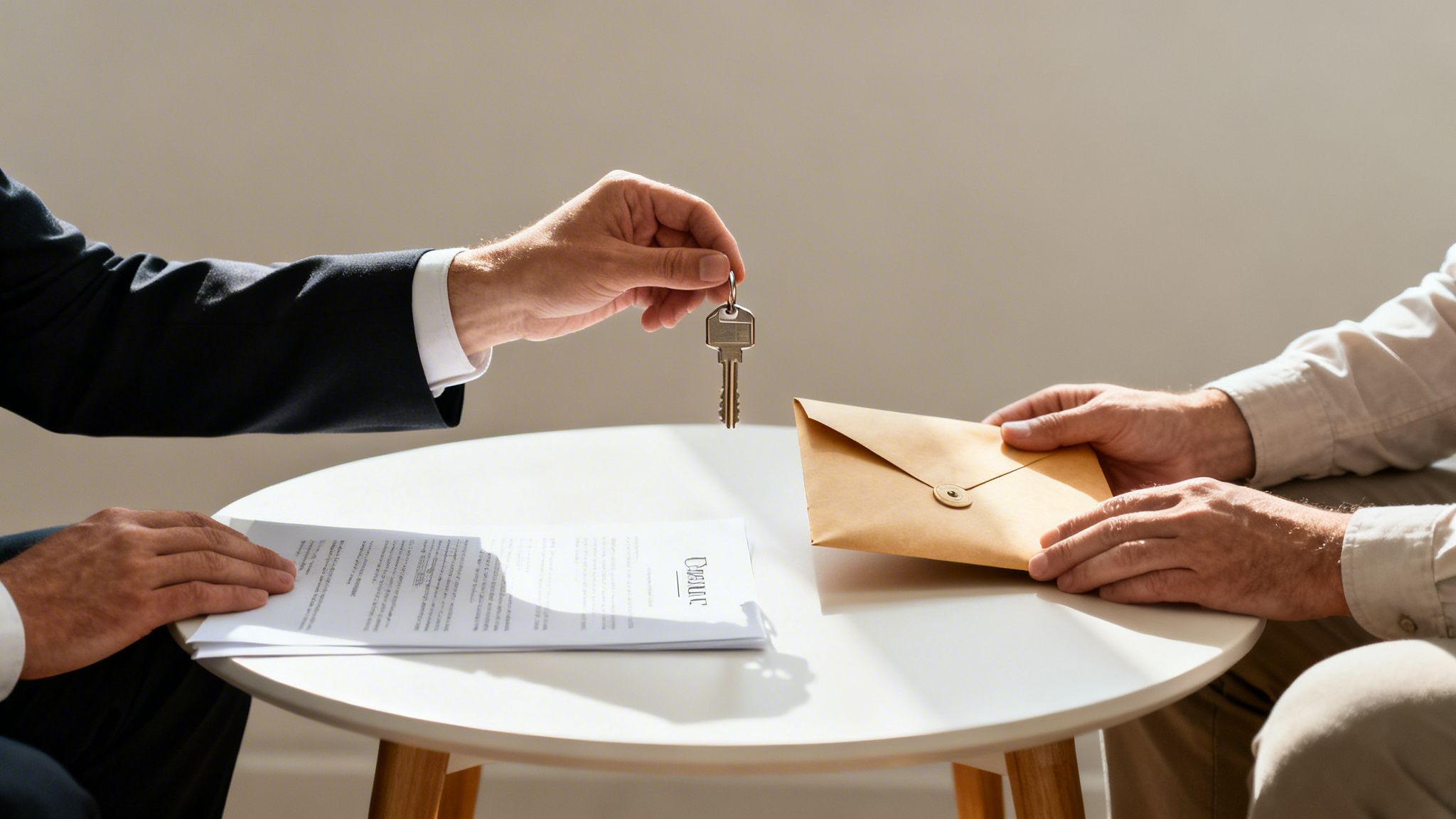A person in a suit hands over a key to another person holding an envelope, suggesting a property transaction.