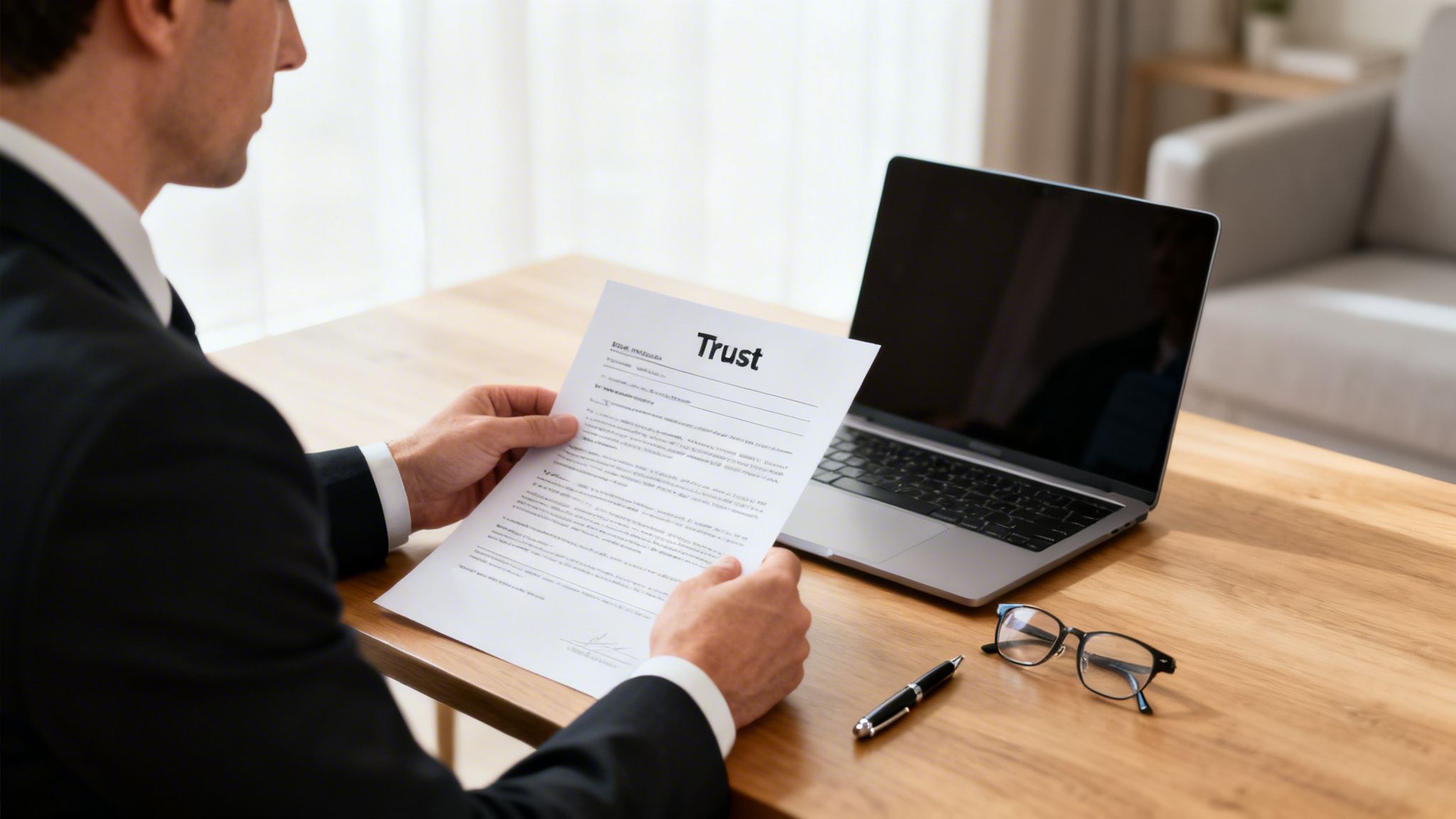 A man in a suit reads a document titled 'Trust' at a wooden desk with a laptop and glasses.