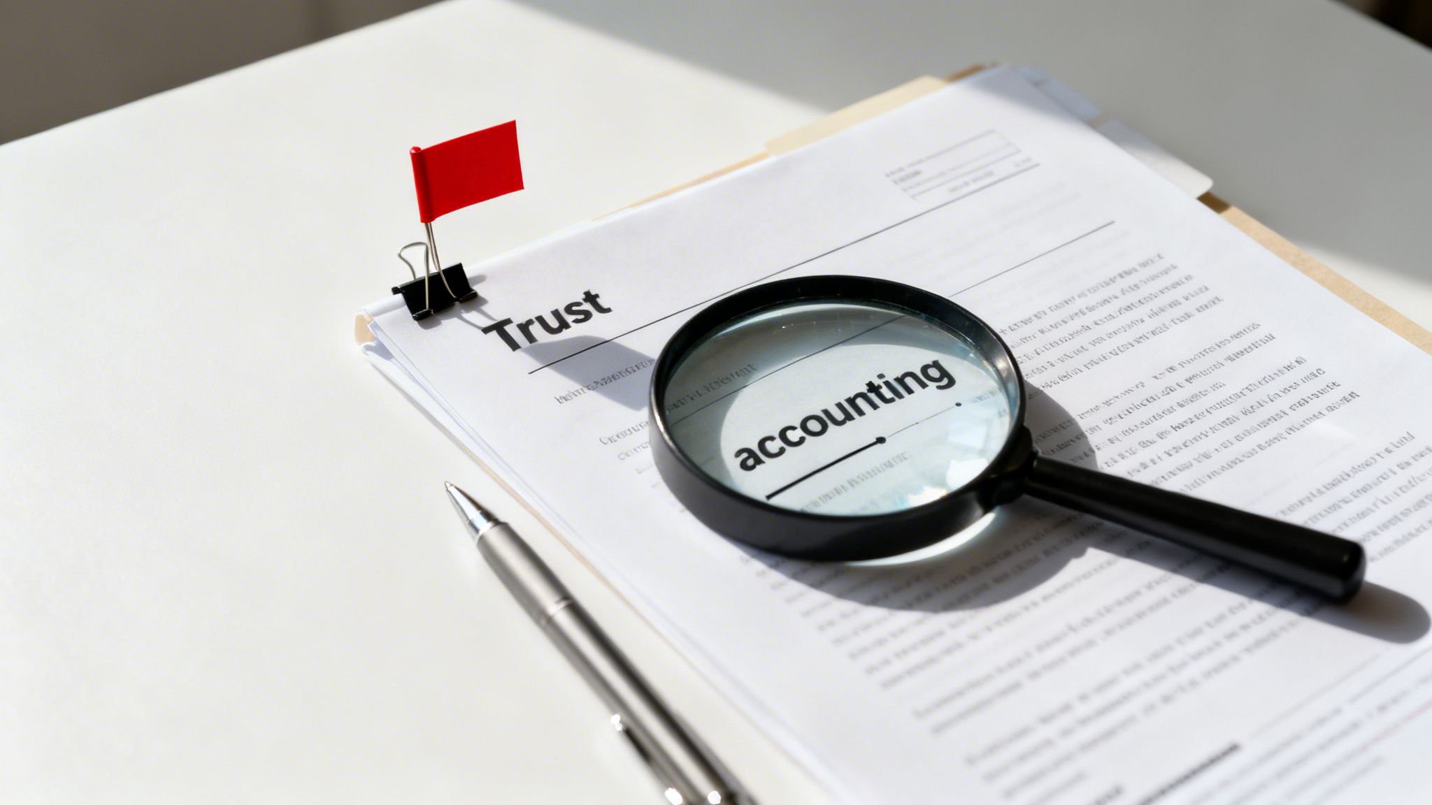 A magnifying glass highlights the word 'accounting' on a document titled 'Trust' with a red flag.